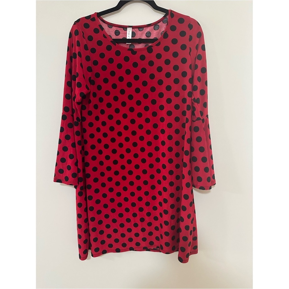 ☀️3/$15☀️Retro Rockabilly Miss & Polka Dot Dress M Red Black Bell Sleeve A-Line